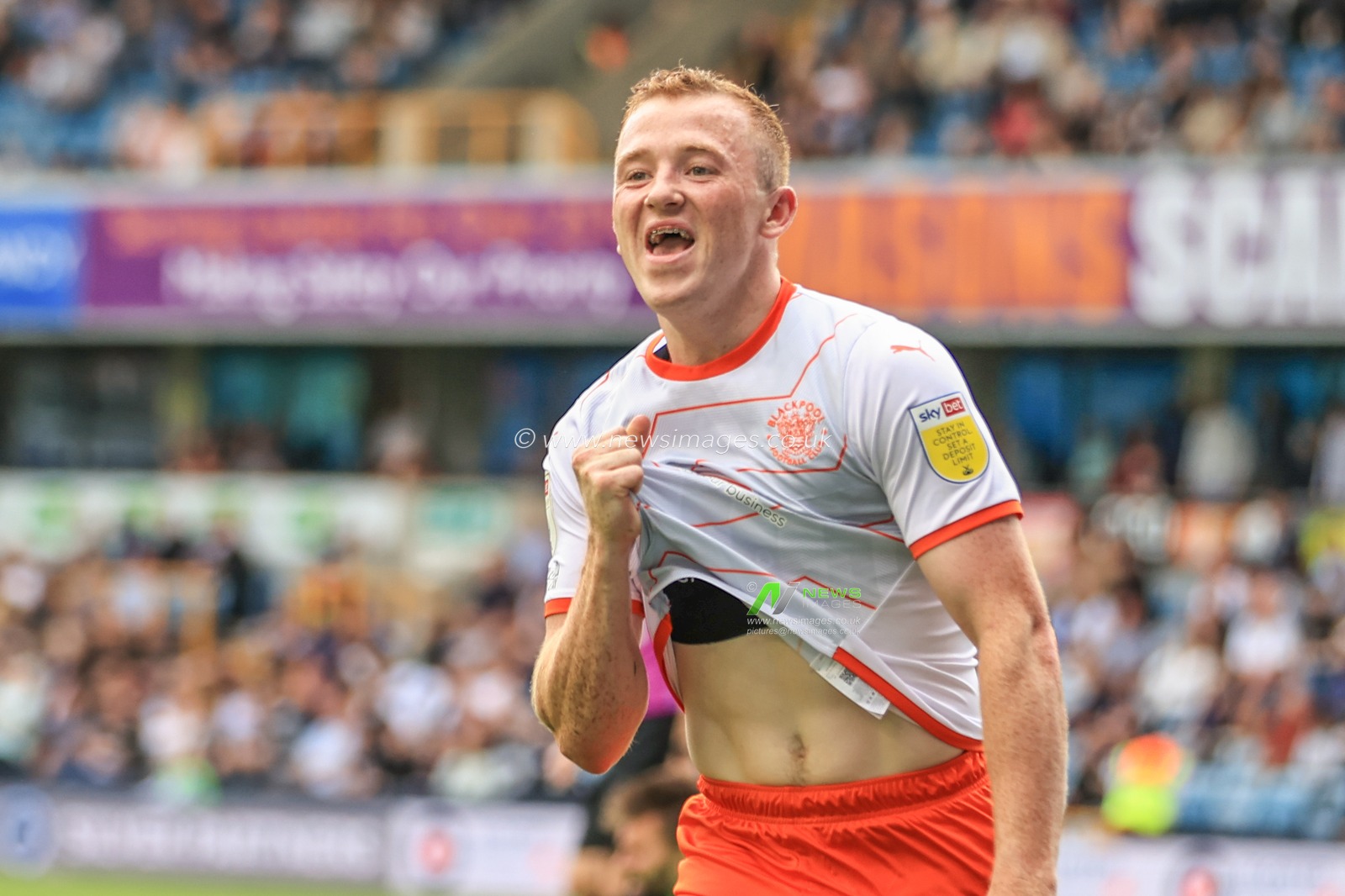 Shayne Lavery #19 of Blackpool celebrates his goal to make it 0-1