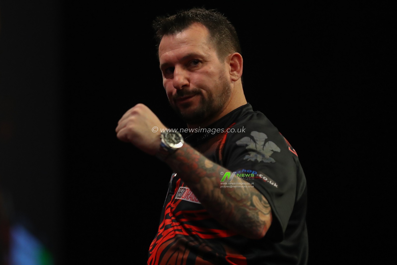 Jonny Clayton celebrates winning a leg during the 2023 Cazoo PDC Premier League Darts Night 10 at Utilita Arena Birmingham, Birmingham, United Kingdom, 6th April 2023

(Photo by Gareth Evans/News Images)