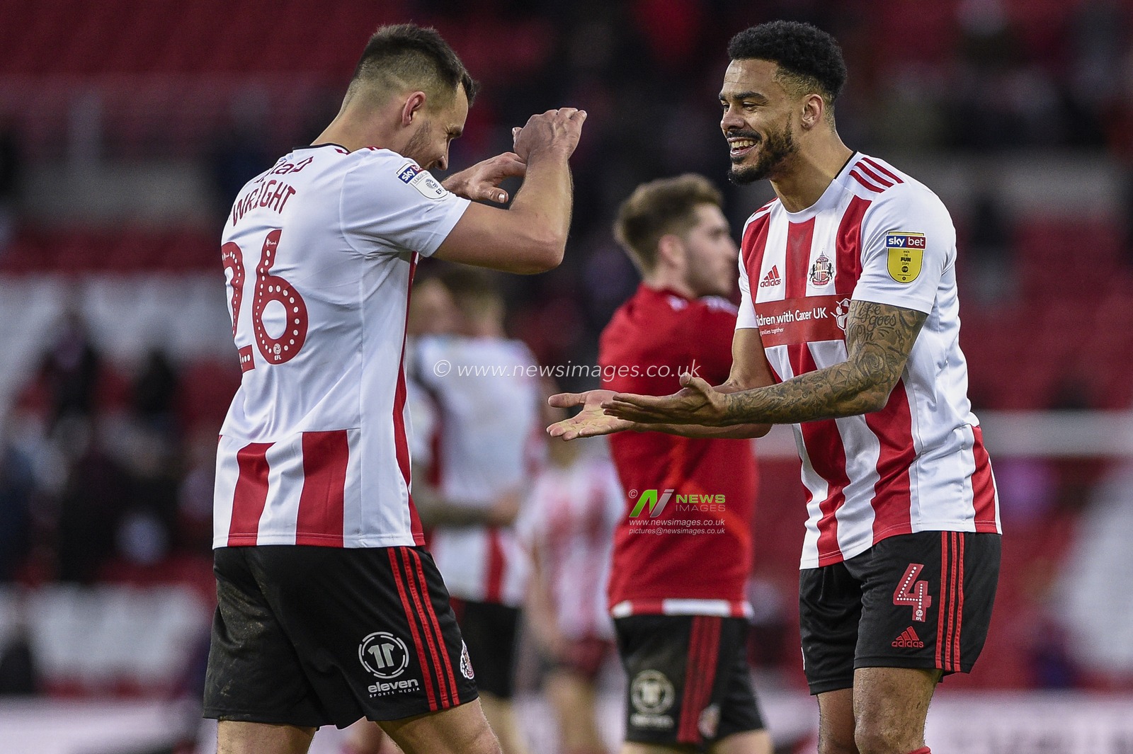 8th February 2020, Stadium Of Light, Sunderland, England; Sky Bet League 1, Sunderland v Ipswich Town : Bailey Wright (26) of Sunderland and Jordan Willis (4) of Sunderland celebrate after the full-time whistle