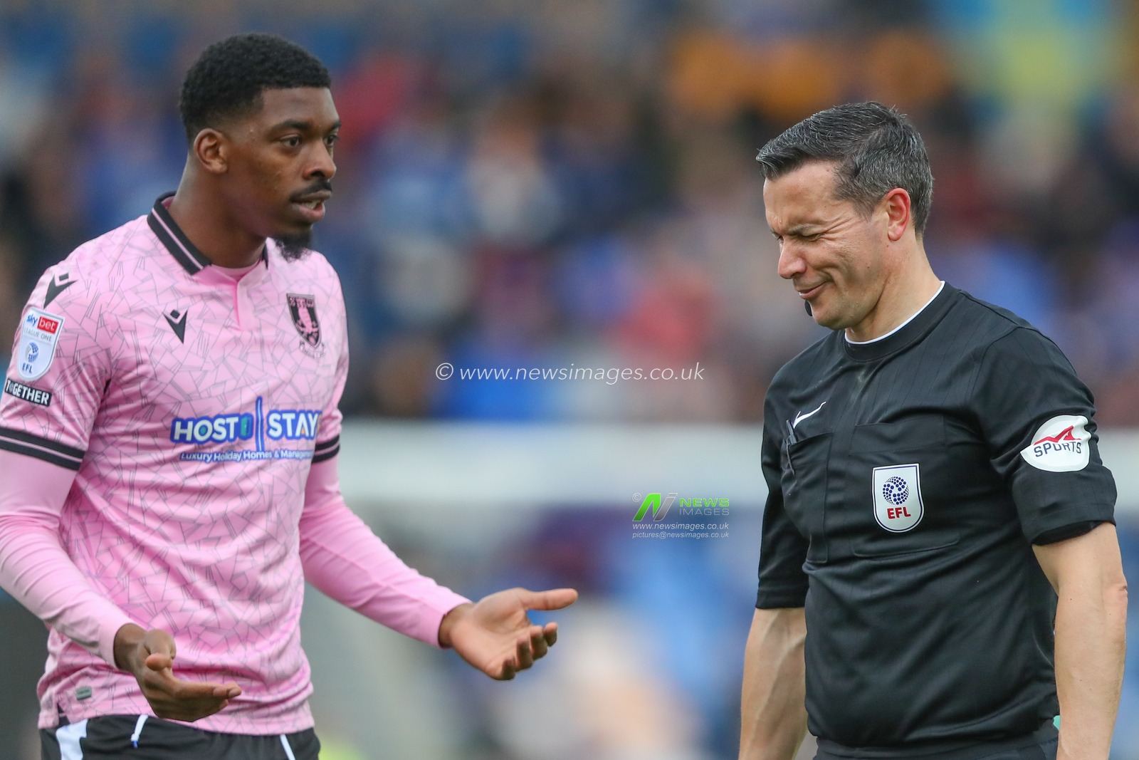 Referee Dean Whitestone reacts to Tyreeq Bakinson #19 of Sheffield Wednesday appeals during the Sky Bet League 1 match Shrewsbury Town vs Sheffield Wednesday at Greenhous Meadow, Shrewsbury, United Kingdom, 29th April 2023

(Photo by Gareth Evans/News Images)