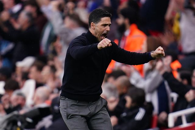 Mikel Arteta manager of Arsenal celebrates third goal during the Premier League match Arsenal vs Fulham at Emirates, London, United Kingdom on 02 May 2026

(Photo by Harvey Murphy/News Images)