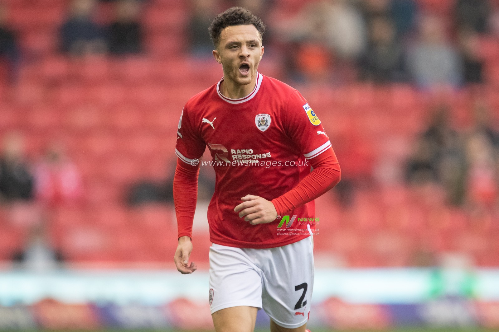 Jordan Williams #2 of Barnsley reacts during the Sky Bet League 1 match Barnsley vs Forest Green Rovers at Oakwell, Barnsley, United Kingdom, 29th October 2022

(Photo by James Heaton/News Images)