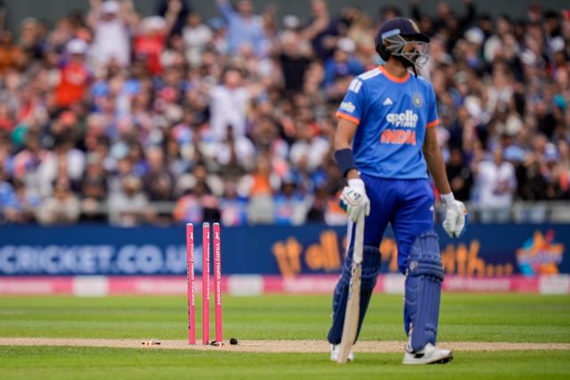 Axar Patel of India has his stumps broken and is run out by Jos Buttler of England during the Second Vitality T20 International match England vs India at Old Trafford, Manchester, United Kingdom on 04 July 2026

(Photo by Maynard Manyowa/News Images)