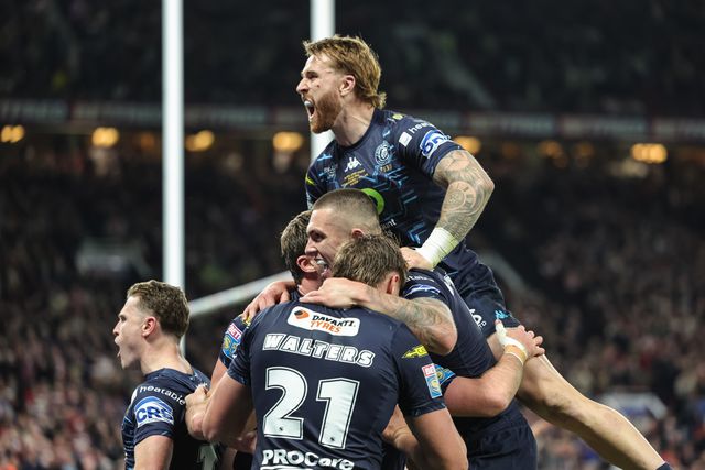 Harry Smith of Wigan Warriors celebrates his try with team mates during the 2025 Betfred Super League Grand Final Hull KR v Wigan Warriors at Old Trafford, Manchester, United Kingdom, 11th October 2025

(Photo by Mark Cosgrove/News Images)