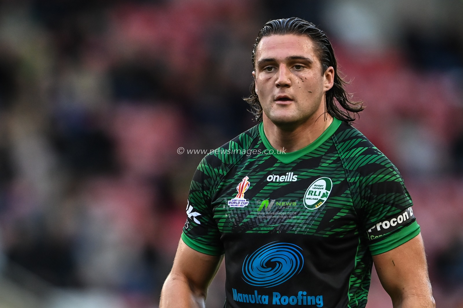 Liam Byrne of Ireland during the Rugby League World Cup 2021 match Ireland vs Lebanon at Leigh Sports Village, Leigh, United Kingdom, 23rd October 2022

(Photo by Craig Thomas/News Images)
