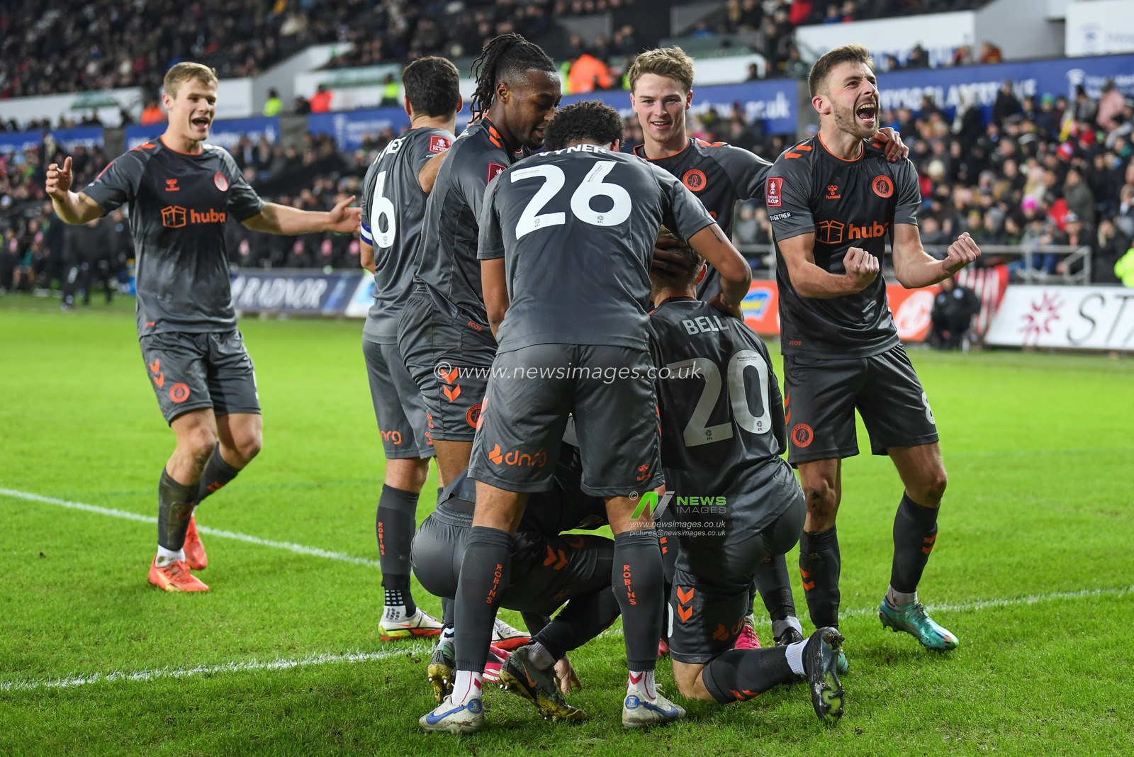 Mark Sykes #17 of Bristol City celebrates his goal with team mates to make it 0-1 during the Emirates FA Cup Third Round Replay match Swansea City vs Bristol City at Swansea.com Stadium, Swansea, United Kingdom, 17th January 2023

(Photo by Mike Jones/News Images)