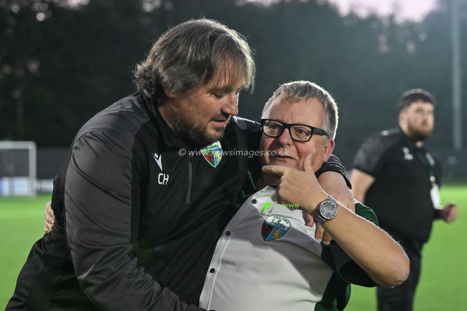 Mike Harris chairman of The New Saints and Craig Harrison head coach of The New Saints celebrate the full time result during the UEFA Conference League match The New Saints vs FK PanevÄ—Å¾ys at Park Hall Stadium, Oswestry, United Kingdom, 29th August 2024

(Photo by Cody Froggatt/News Images)