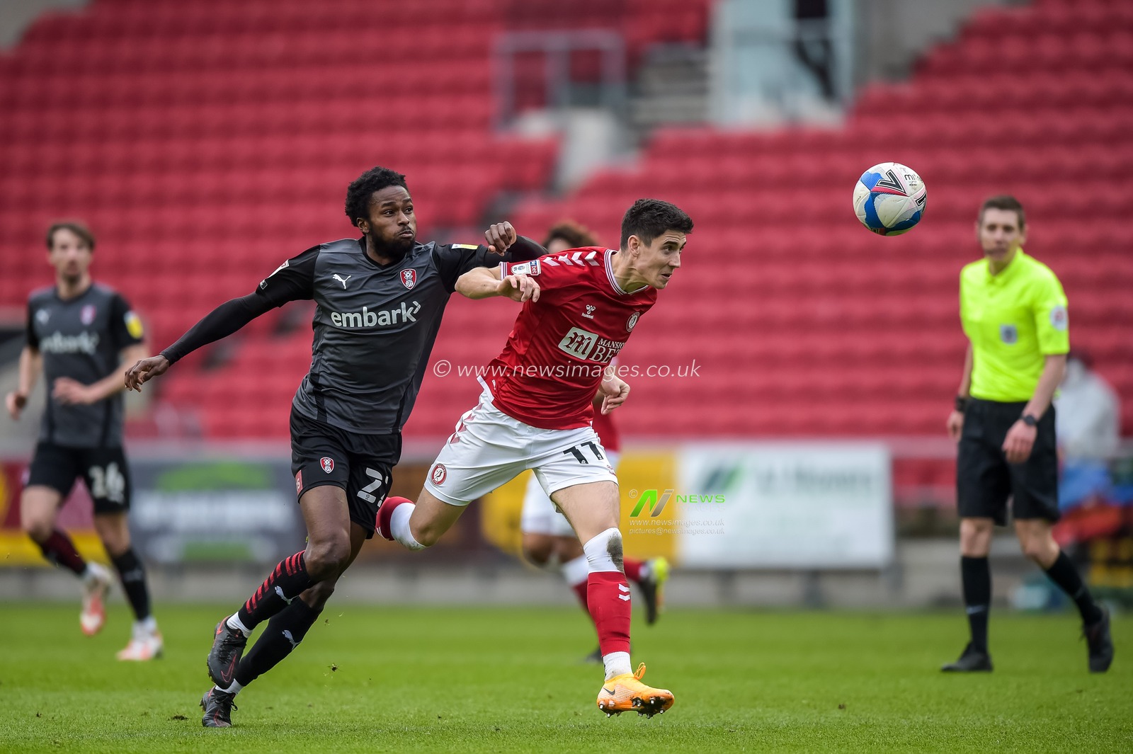 Callum ODowda #11 of Bristol City heads the ball back to , Daniel Bentley under pressure from Matthew Olosunde #22 of Rotherham United