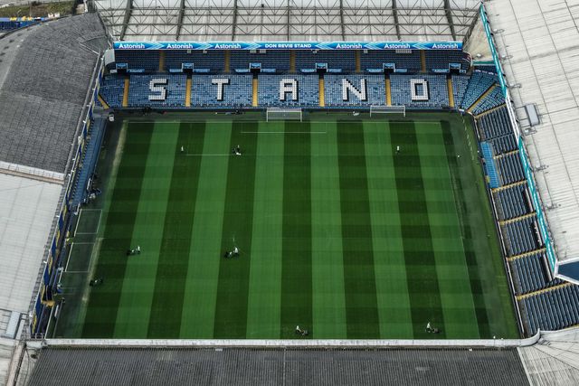 An aerial view of Elland Road as ground staff put the Final Cut on the grass during the Premier League match Leeds United vs Manchester City at Elland Road, Leeds, United Kingdom on 28 February 2026

(Photo by Mark Cosgrove/News Images)
