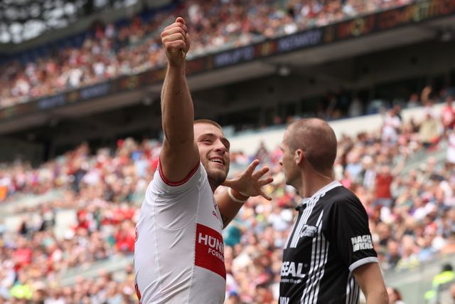 Mikey Lewis of Hull KR celebrates his try during the Betfred Super League Magic Weekend match Hull KR vs Hull FC at Hill Dickinson Stadium, Liverpool, United Kingdom on 04 July 2026

(Photo by Alfie Cosgrove/News Images)