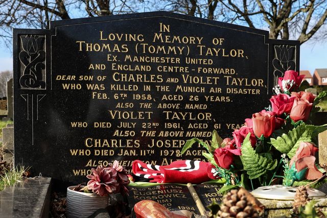 A general view of former Barnsley FC and Manchester United and England international forward Tommy Taylor grave and headstone 67 years after 23 passengers 8 of whom were Manchester United players sadly lost their lives in the Munich Air disaster on the 6th of February 1958;  Monk Bretton Cemetery, Monk Bretton, Barnsley, United Kingdom, 6th February 2025.

(Photo by Mark Cosgrove/News Images)