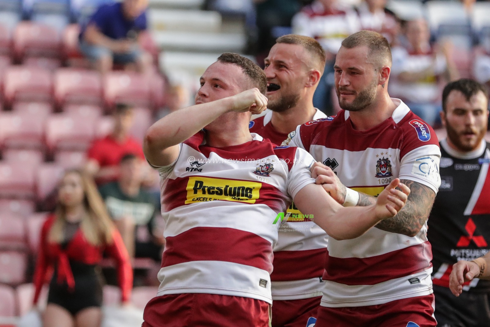 28th June 2019 , DW Stadium, Wigan, England;  Betfred Super League, Round 20, Wigan Warriors vs Salford Red Devils ; Liam Marshal (17) of Wigan Warriors celebrates his try 

Credit: Mark Cosgrove/News Images