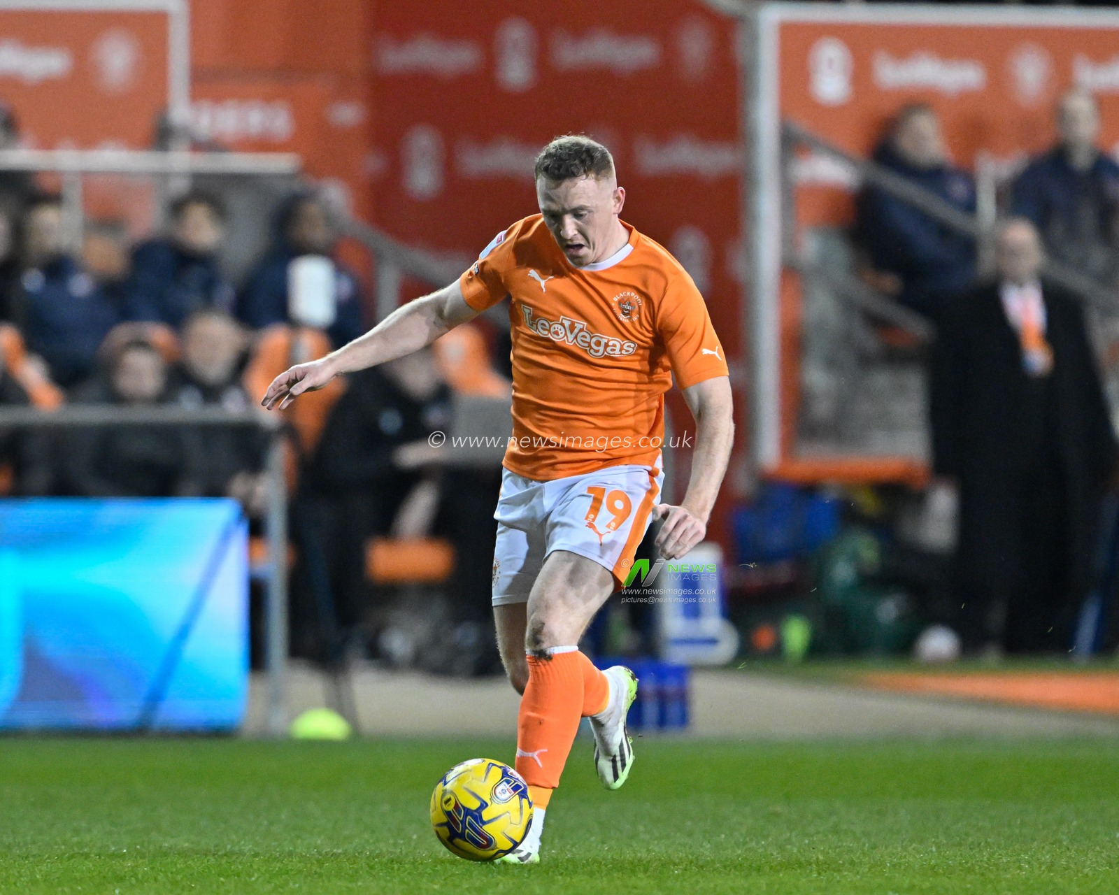 Shayne Lavery of Blackpool breaks forward with the ball, during the Bristol Street Motors Trophy Quarter Final match Blackpool vs Bolton Wanderers at Bloomfield Road, Blackpool, United Kingdom, 30th January 2024

(Photo by Cody Froggatt/News Images)