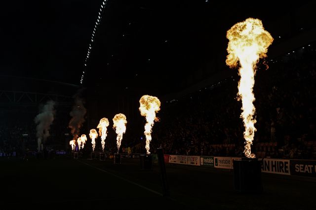 The pre-game firework and pyrotechnic display during the Betfred Super League round 27 match Wigan Warriors vs Leeds Rhinos at The Brick Community Stadium, Wigan, United Kingdom, 19th September 2025

(Photo by Alfie Cosgrove/News Images)