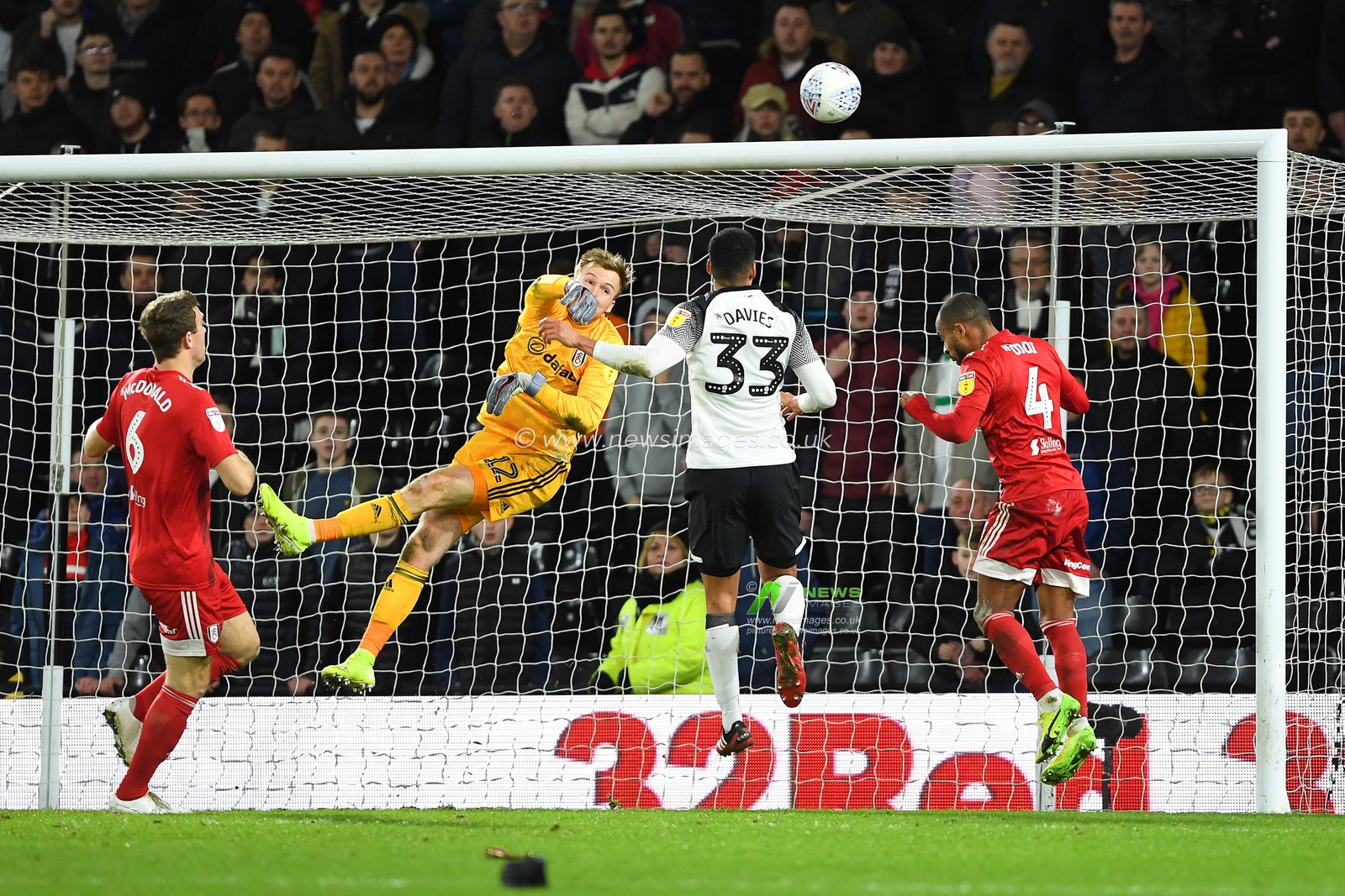 21st February 2020, Pride Park Stadium, Derby, England; Sky Bet Championship, Derby County v Fulham : Marek Rodak (12) of Fulham makes a save