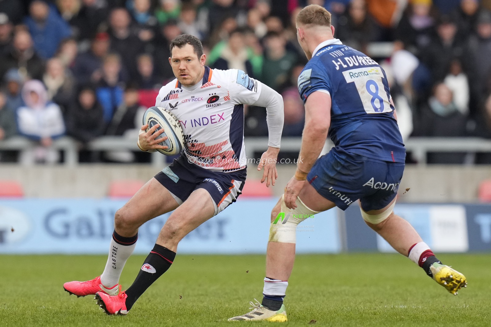 Alex Goode #15 of Saracens sides steps Jean-Luc Du Preez #8 of Sale Sharks during the Gallagher Premiership match Sale Sharks vs Saracens at AJ Bell Stadium, Eccles, United Kingdom, 5th March 2023

(Photo by Steve Flynn/News Images)