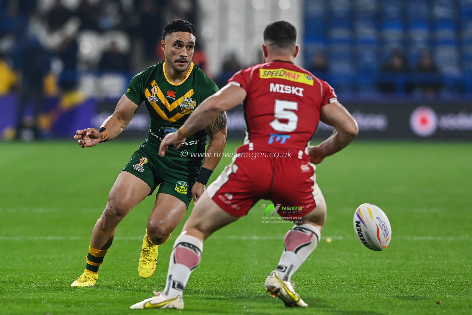 Valentine Holmes of Australia in action during the Rugby League World Cup 2021 Quarter Final match Australia vs Lebanon at John Smith's Stadium, Huddersfield, United Kingdom, 4th November 2022

(Photo by Craig Thomas/News Images)