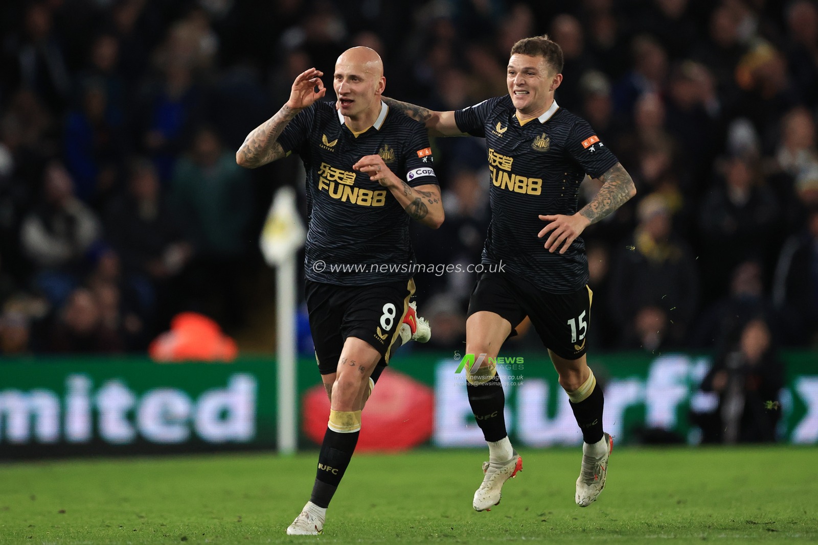 Jonjo Shelvey #8 of Newcastle United celebrates making it 0-1 during the Premier League fixture Leeds United vs Newcastle United at Elland Road, Leeds, UK, 22nd January 2022