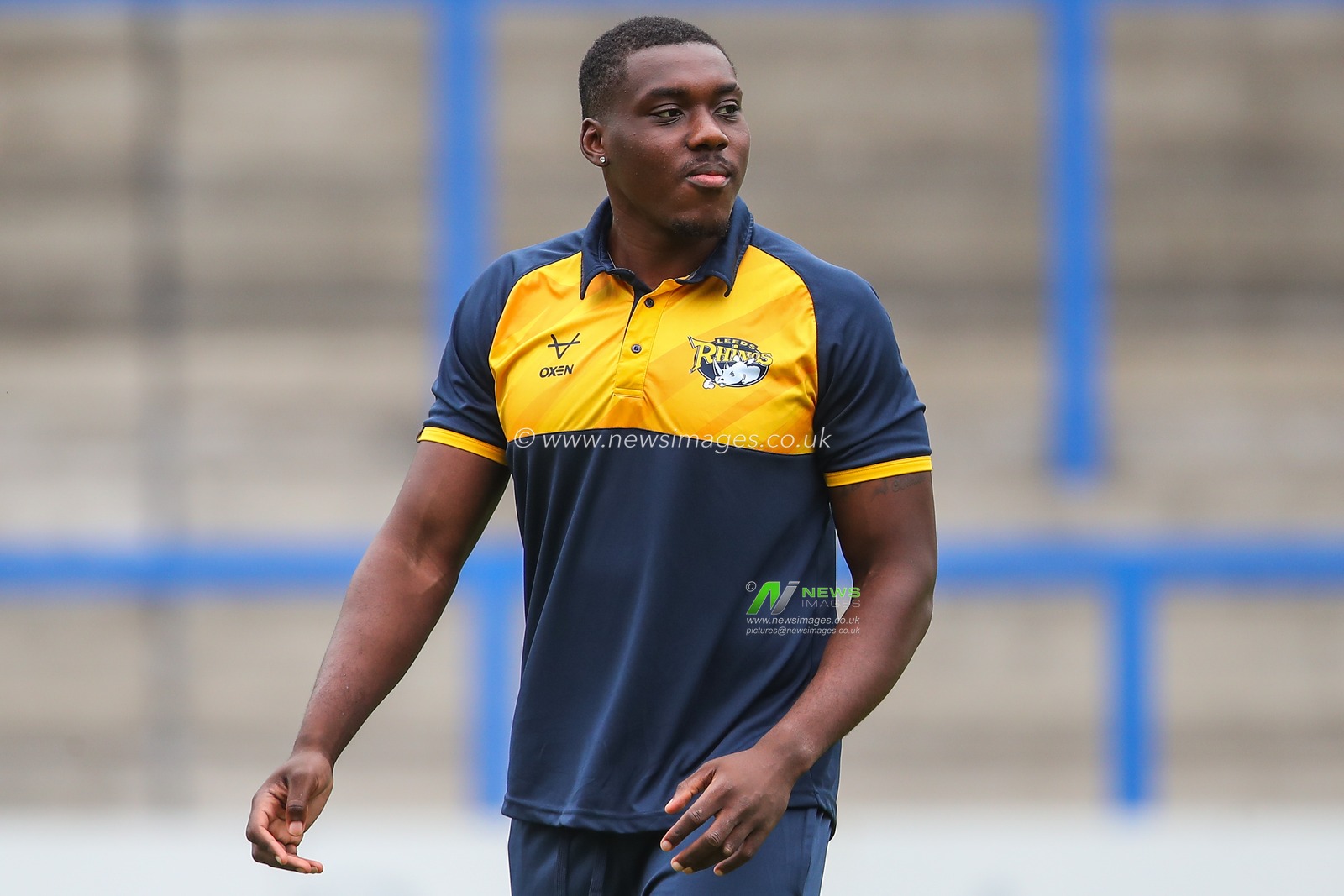 Sam Eseh Jr of Leeds Rhinos arrives ahead of the Betfred Super League Round 17 match Warrington Wolves vs Leeds Rhinos at Halliwell Jones Stadium, Warrington, United Kingdom, 11th July 2024

(Photo by Gareth Evans/News Images)