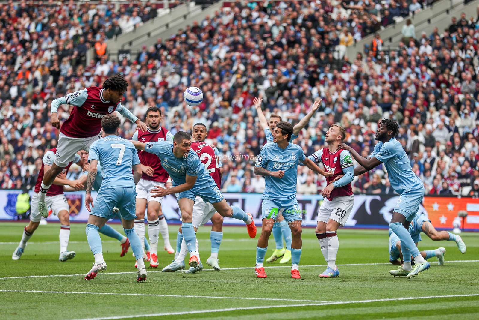 Jean-Clair Todibo of West Ham United heads the ball during the Premier League match West Ham United vs Nottingham Forest at London Stadium, London, United Kingdom, 18th May 2025

(Photo by Izzy Poles/News Images)
