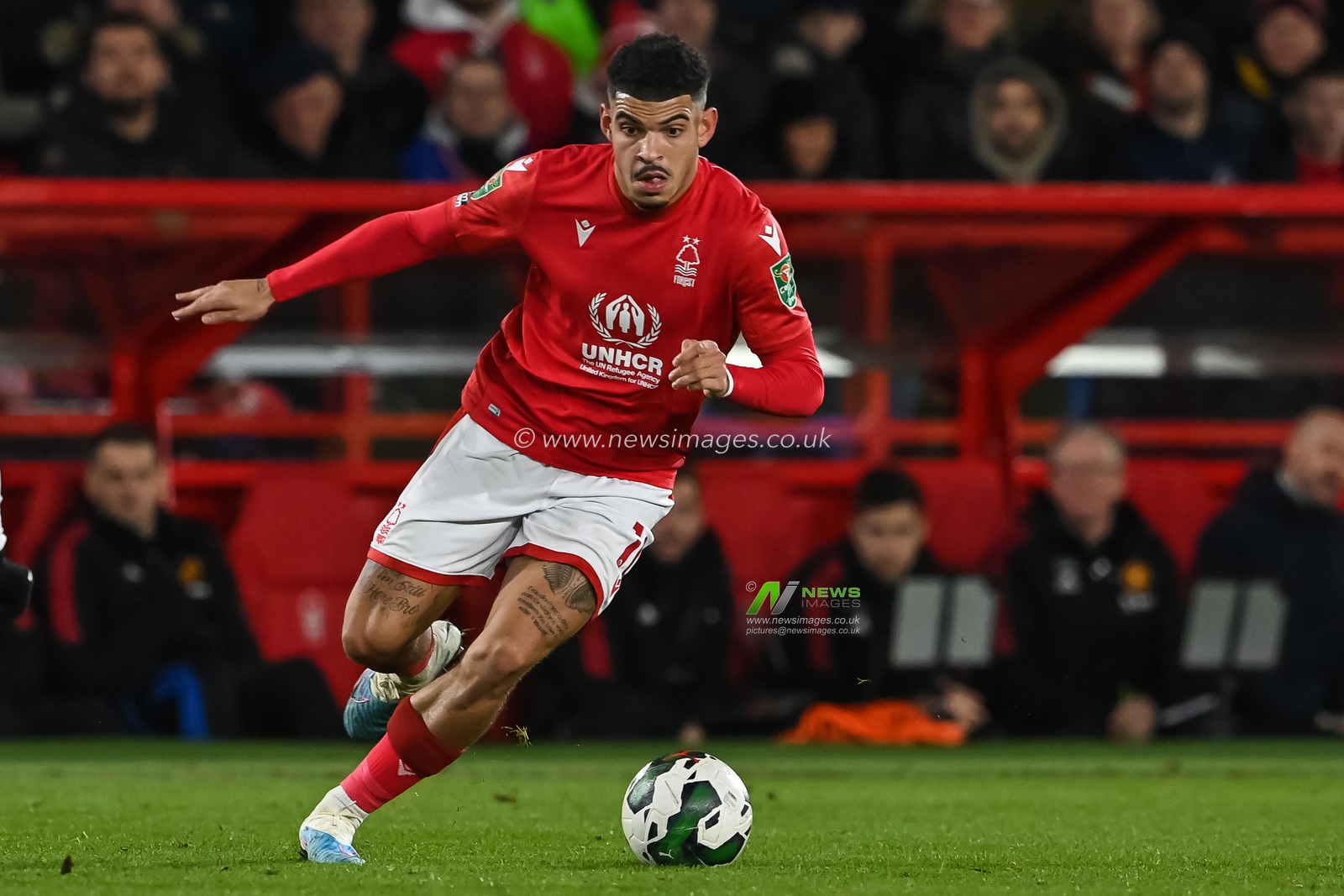 Morgan Gibbs-White #10 of Nottingham Forest makes a break with the ball during the Carabao Cup Semi-Finals match Nottingham Forest vs Manchester United at City Ground, Nottingham, United Kingdom, 25th January 2023

(Photo by Craig Thomas/News Images)