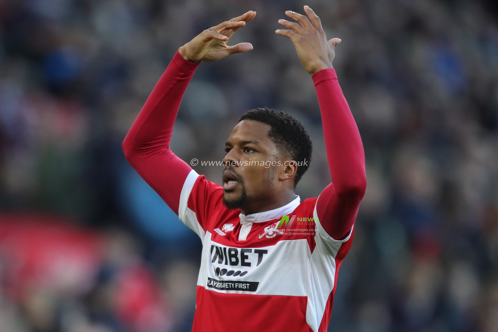 Chuba Akpom #29 of Middlesbrough gestures to the supporters after scoring a goal in the first half of the Emirates FA Cup match Middlesbrough vs Brighton and Hove Albion at Riverside Stadium, Middlesbrough, United Kingdom, 7th January 2023

(Photo by James Heaton/News Images)