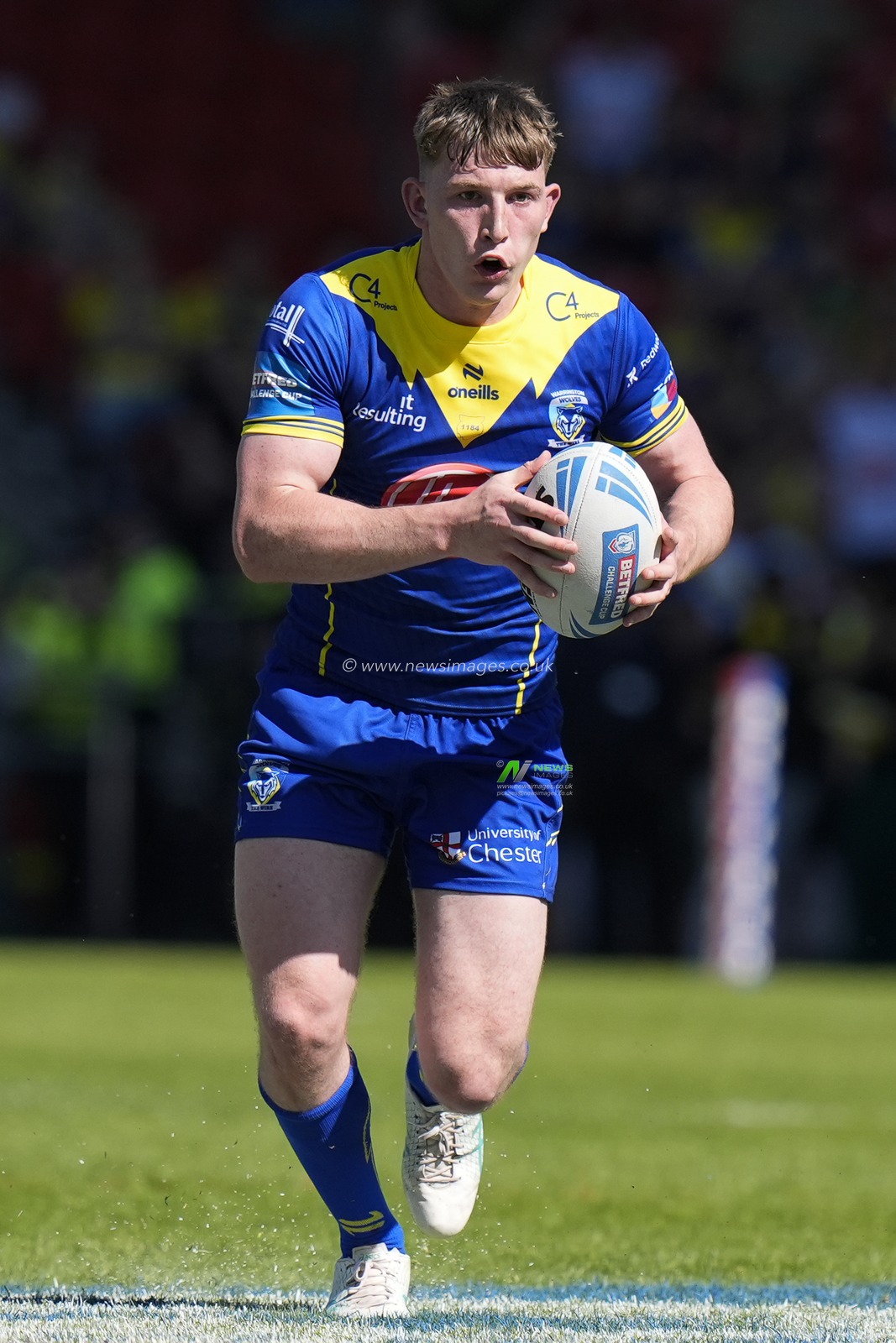 Matty Nicholson of Warrington Wolves during the Betfred Challenge Cup Semi-Final match Huddersfield Giants vs Warrington Wolves at Totally Wicked Stadium, St Helens, United Kingdom, 19th May 2024

(Photo by Steve Flynn/News Images)