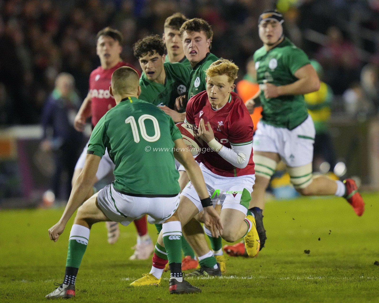 Harri Houston #11 of Wales runs at Sam Prendagast #10 of Ireland U20's during the 2023 U20 Six Nations match Wales vs Ireland at Stadiwm CSM, Colwyn Bay, United Kingdom, 3rd February 2023

(Photo by Steve Flynn/News Images)