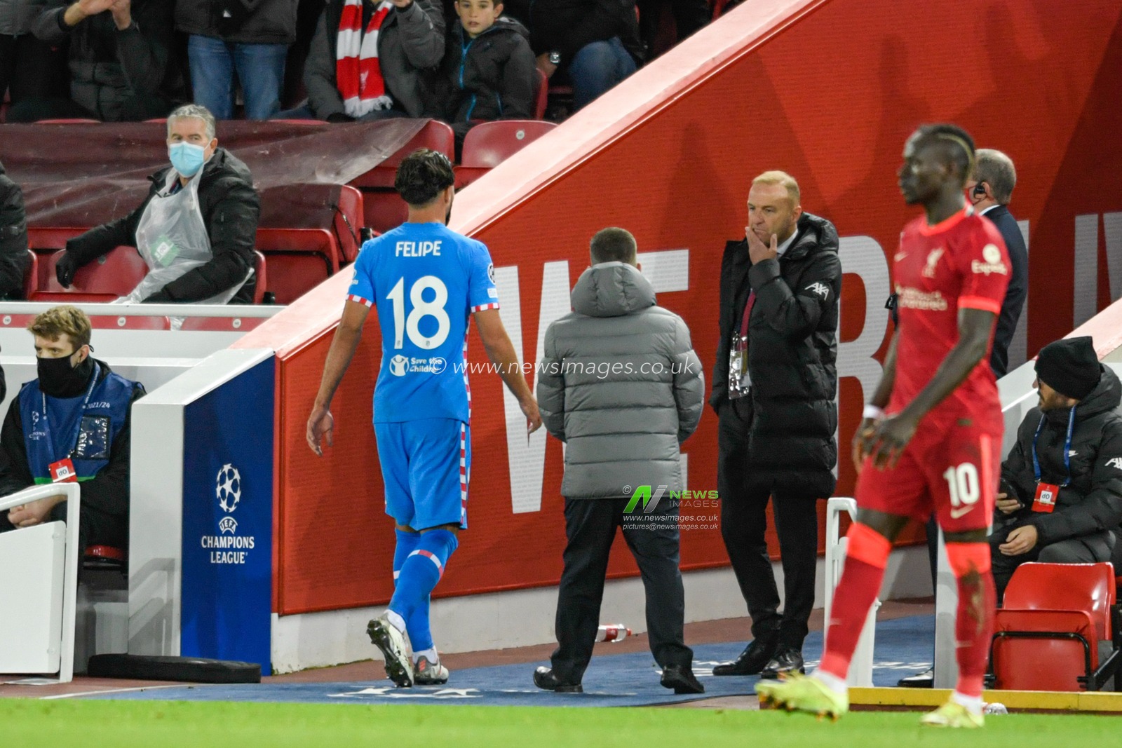 Felipe Augusto De Almeida Monteiro #18 of Atletico Madrid is sent off in the game against Liverpool