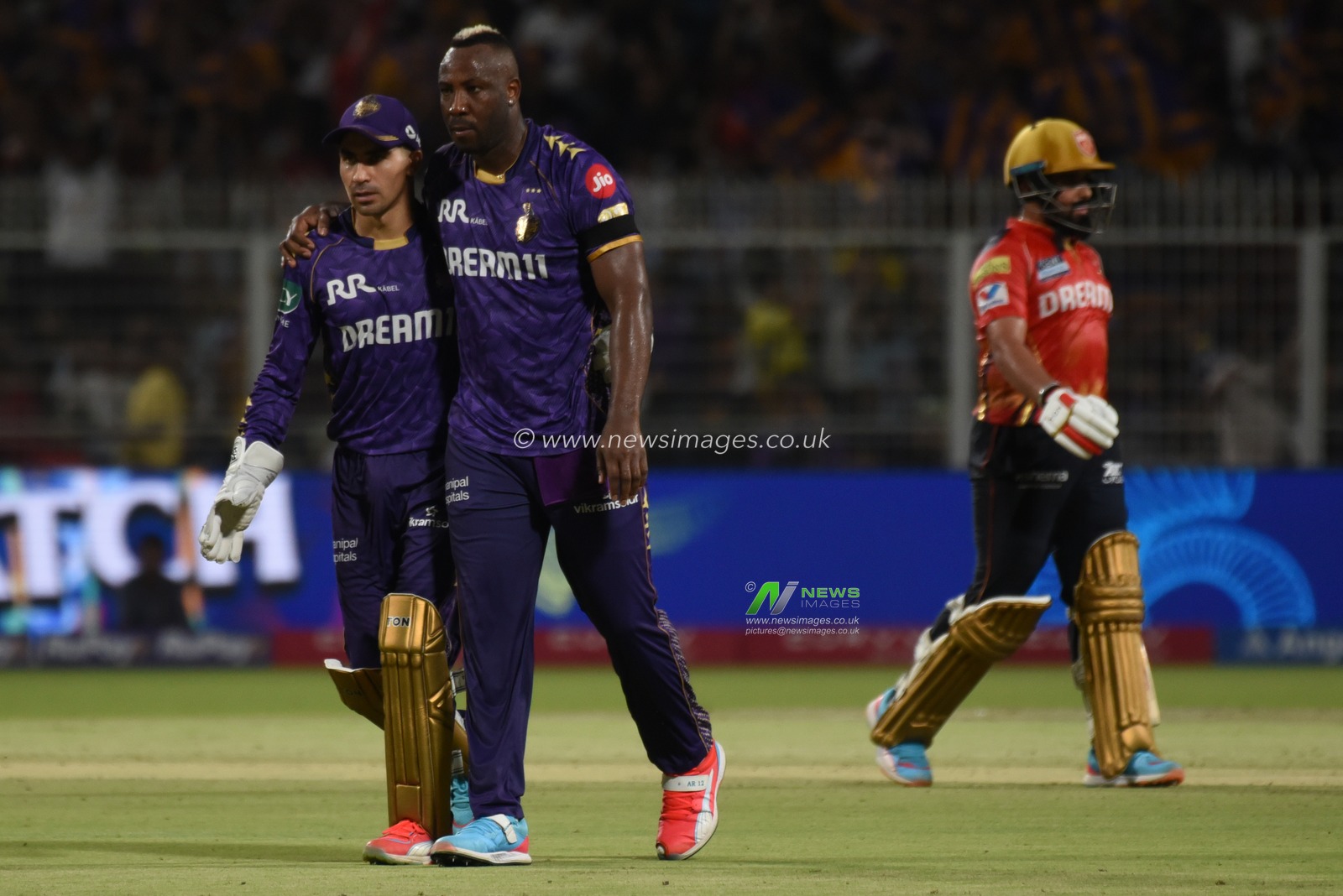 Andre Russell of Kolkata Knight Riders celebrates the wicket of Priyansh Arya of Punjab Kings during the 2025 IPL match between Kolkata Knight Riders and Punjab Kings at Eden Gardens on April 26, 2025, in Kolkata, India.Photo by Debajyoti Chakraborty.(Photo: Debajyoti Chakraborty/News Images)