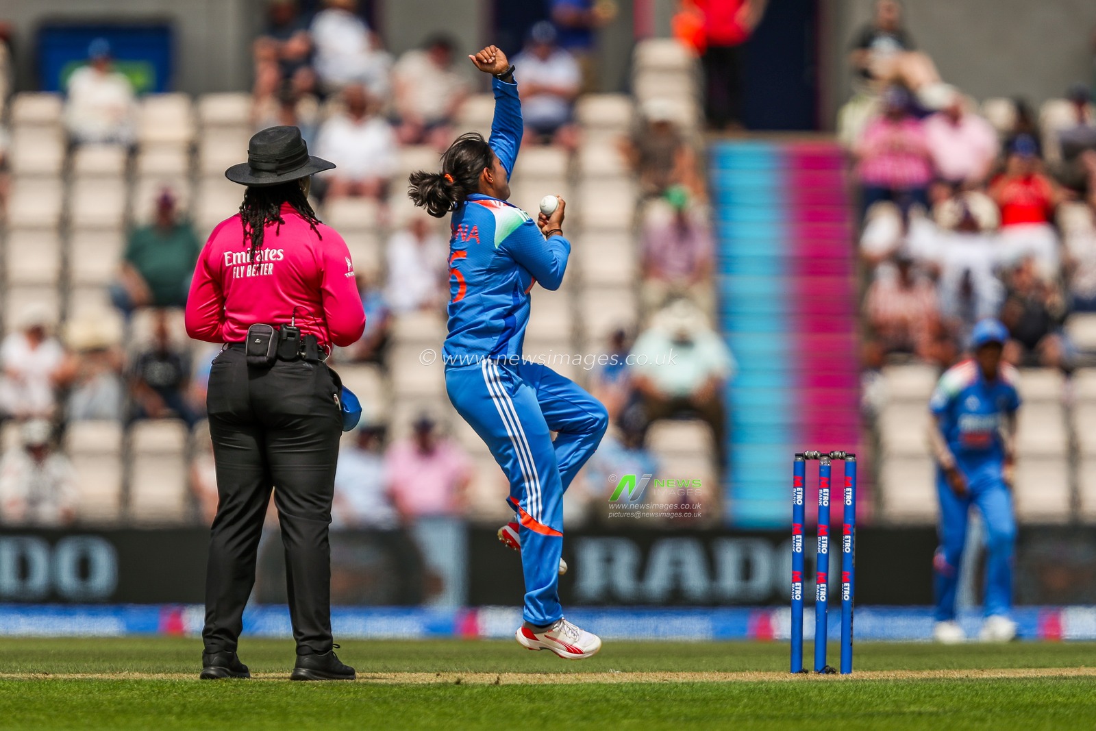 Sneh Rana of India bowls during the 1st Metro Bank One Day International match England Women vs India Women at The Utilita Bowl, Southampton, United Kingdom, 16th July 2025

(Photo by Izzy Poles/News Images)