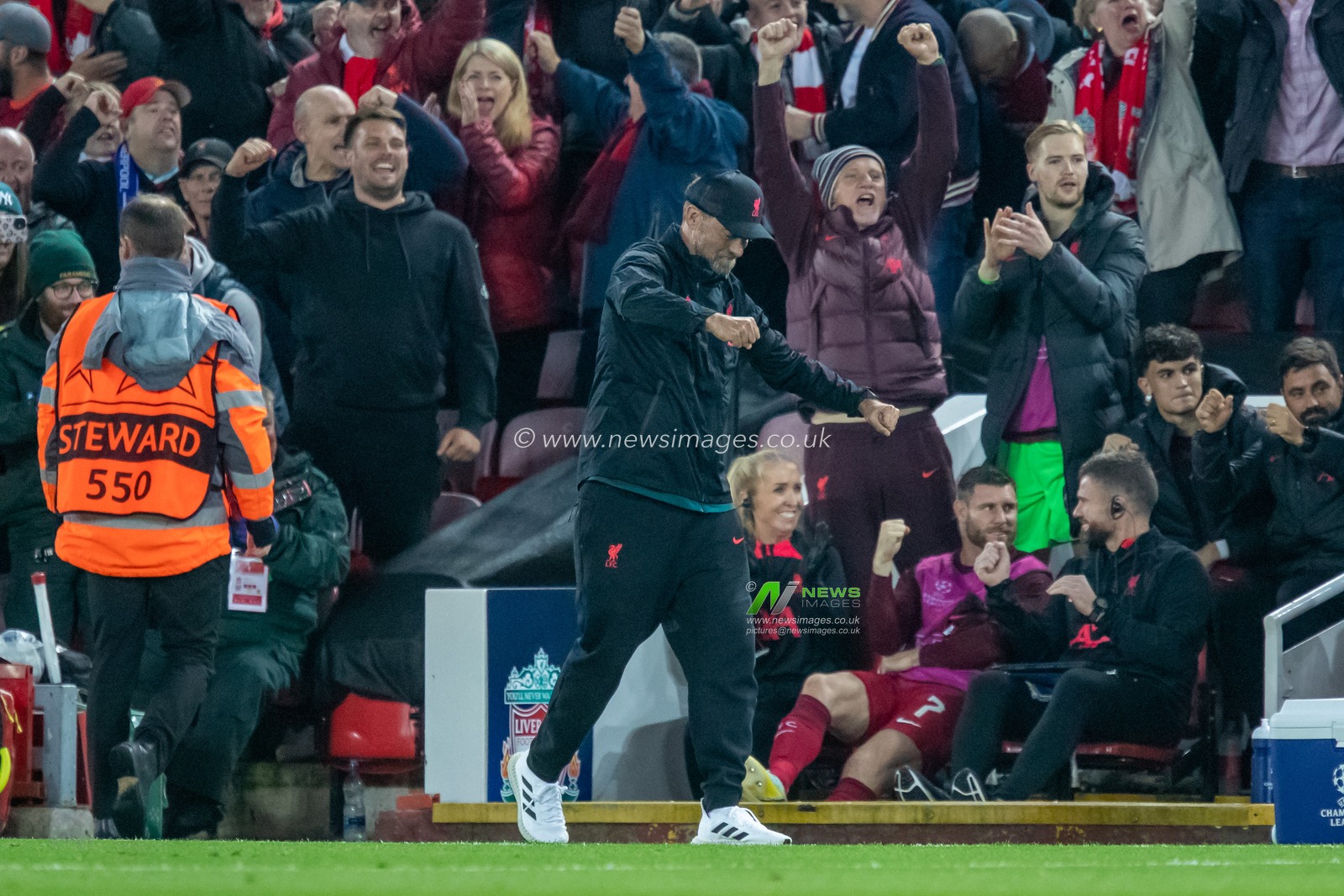 Jurgen Klopp manager of Liverpool celebrates the opening goal during the UEFA Champions League match Liverpool vs Rangers at Anfield, Liverpool, United Kingdom, 4th October 2022

(Photo by James Heaton/News Images)