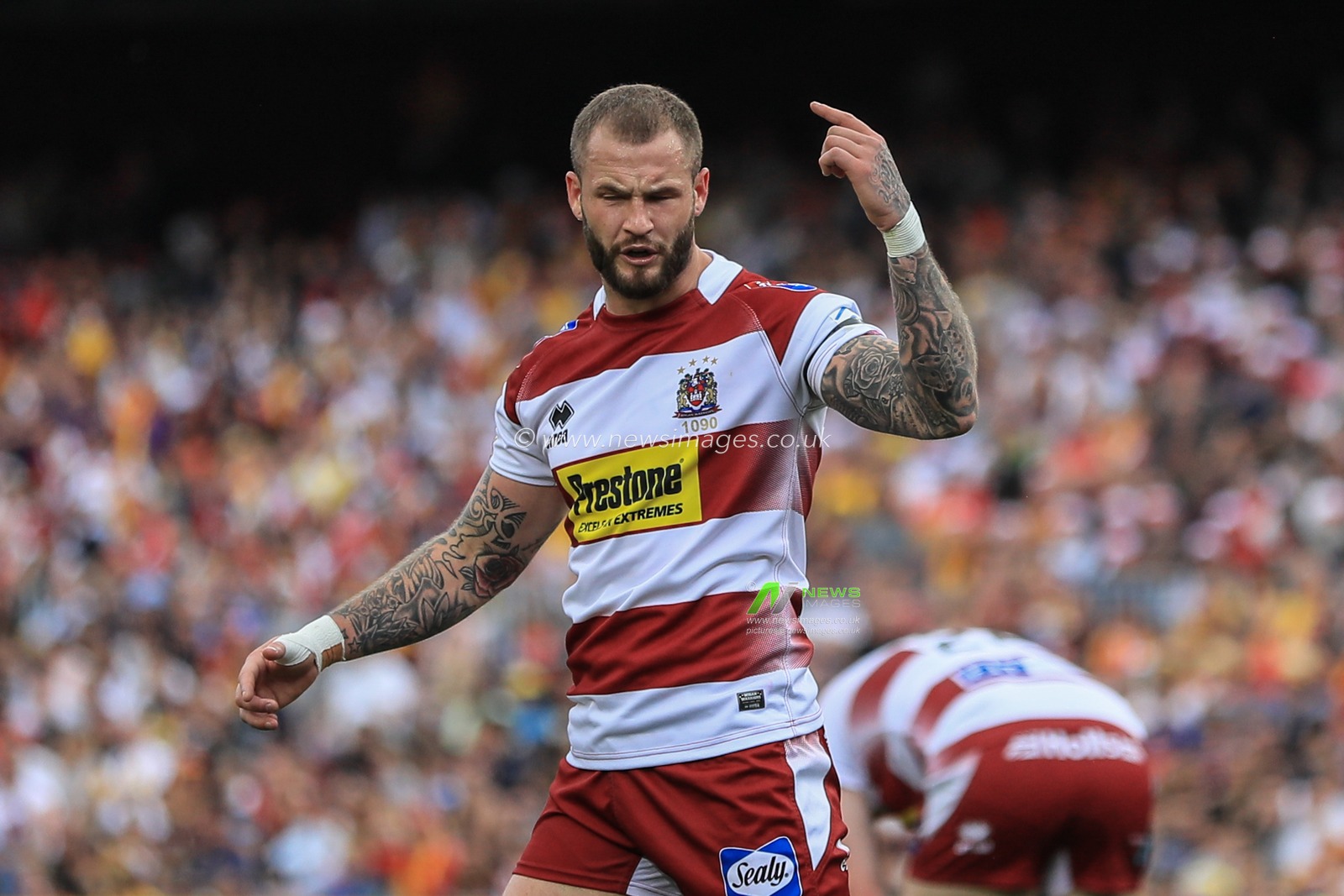 18th May 2019 , Camp Nou, Barcelona, Spain ;  Betfred Super League, Round 15, Catalans Dragons vs Wigan Warriors ; Zak Hardaker (20) of Wigan Warriors reacts 

Credit: Mark Cosgrove/News Images