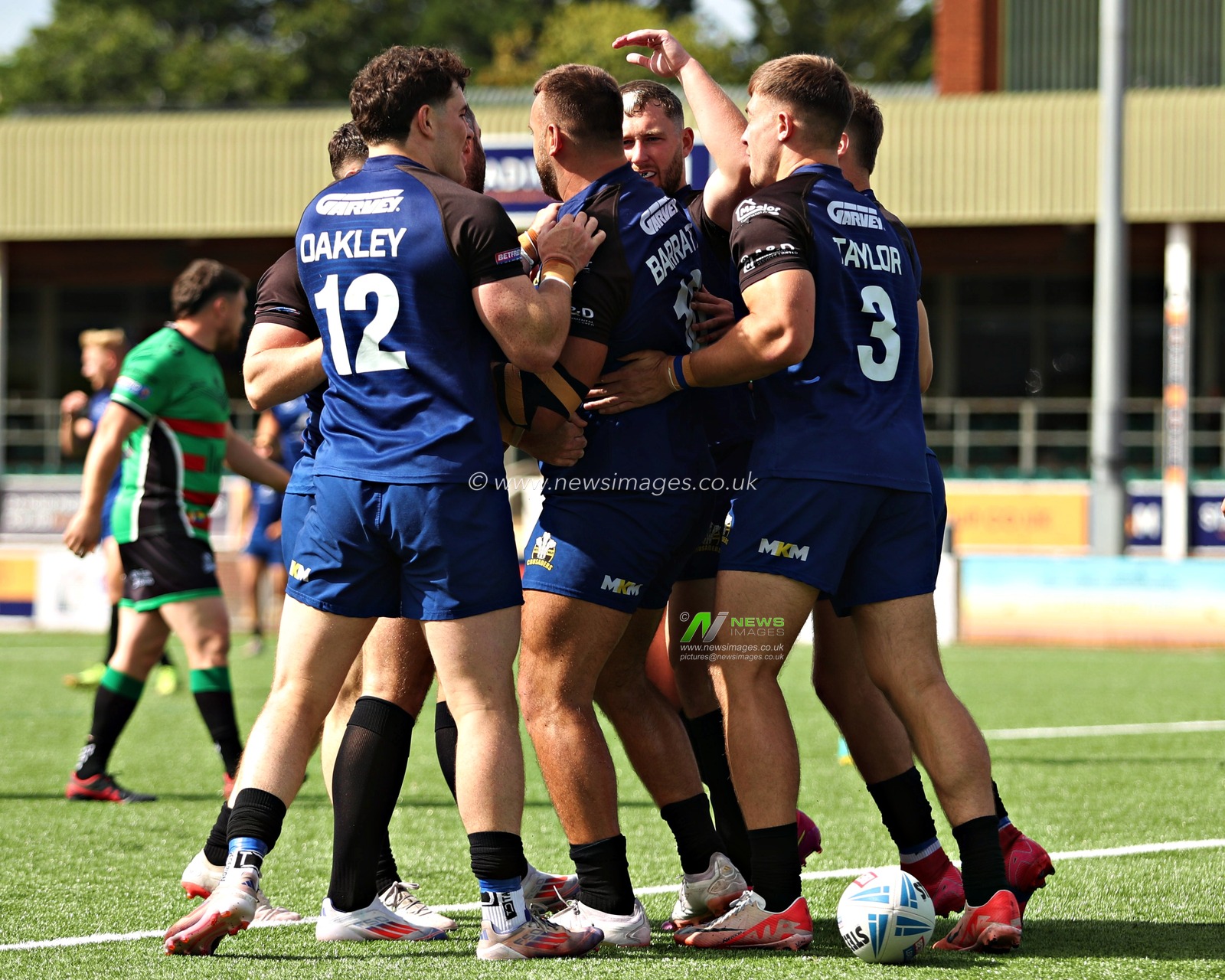 Chris Barratt of North Wales Crusaders celebrates his try during the Betfred League 1 match North Wales Crusaders vs Keighley Cougars at Stadiwm CSM, Colwyn Bay, United Kingdom, 31st August 2025(Photo by Sam Eaden/News Images)