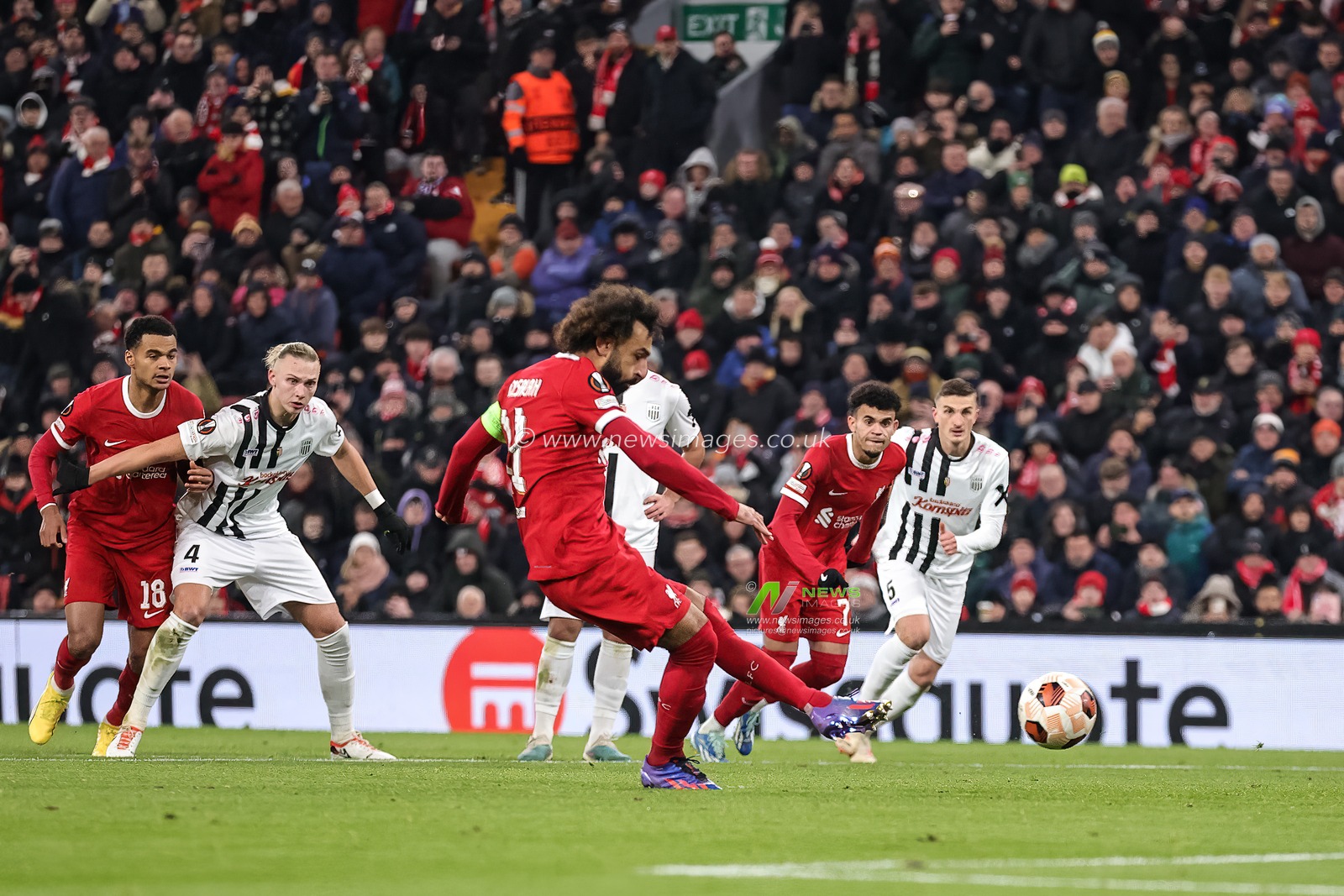 Mohamed Salah #11 of Liverpool scores a penalty to make it 3-0 during the UEFA Europa League match Liverpool vs LASK at Anfield, Liverpool, United Kingdom, 30th November 2023

(Photo by Mark Cosgrove/News Images)