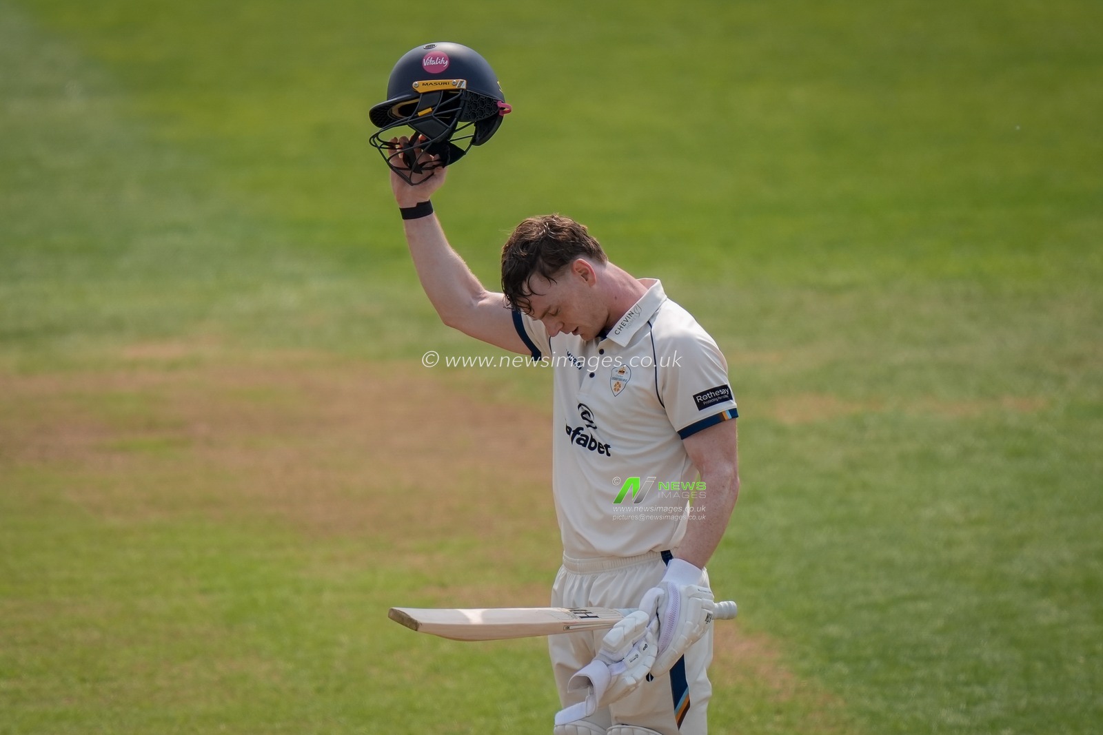 Brooke Guest of Derbyshire celebrates scoring his hundred during the County Championship Division Two Derbyshire vs Northamptonshire day one match at The Central Co-Op County Ground, Derby, United Kingdom on 08 May 2026

(Photo by Maynard Manyowa/News Images)