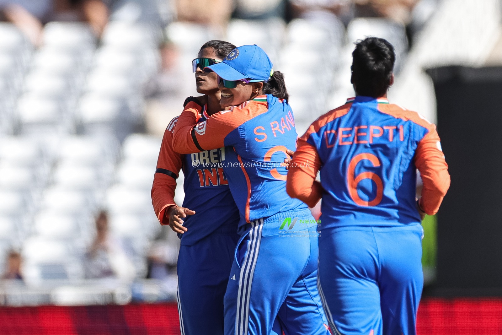 Radha Yadav of India celebrates the wicket of Amy Jones of England during the 1st Vitality IT20 England Women vs India Women at Trent Bridge, Nottingham, United Kingdom, 28th June 2025

(Photo by Mark Cosgrove/News Images)