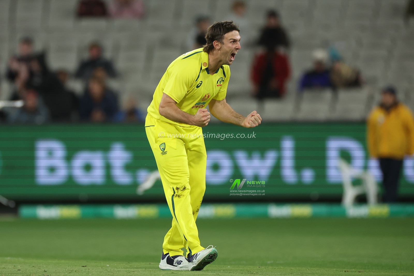Mitchell Marsh of Australia  celebrates taking the wicket of Liam Dawson of England during the Dettol ODI Series match Australia vs England at Melbourne Cricket Ground, Melbourne, Australia, 22nd November 2022

(Photo by Patrick Hoelscher/News Images)