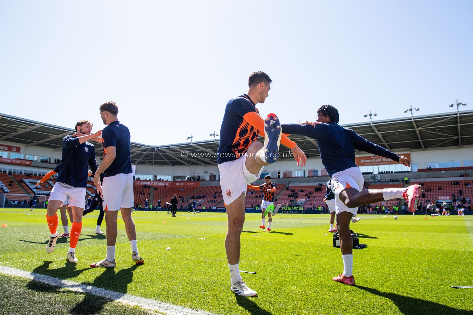 Blackpool players during the pre-game warm up ahead of the Sky Bet League 1 match Blackpool vs Bristol Rovers at Bloomfield Road, Blackpool, United Kingdom, 3rd May 2025

(Photo by Gareth Evans/News Images)