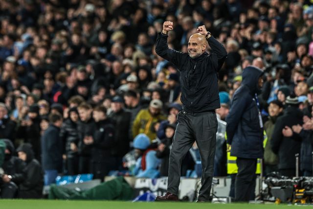 Josep Guardiola manager of Manchester City celebrates a goal from Savino of Manchester City making it 3-0 during the Premier League match Manchester City vs Crystal Palace at Etihad Stadium, Manchester, United Kingdom on 13 May 2026

(Photo by Mark Cosgrove/News Images)