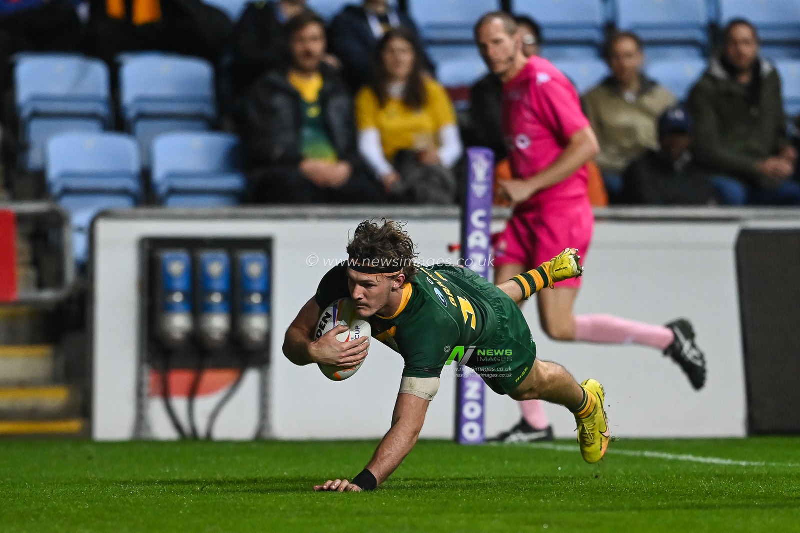 Campbell Graham of Australia goes over for a try to complete his hat trick during the Rugby League World Cup 2021 match Australia vs Scotland at Coventry Building Society Arena, Coventry, United Kingdom, 21st October 2022

(Photo by Craig Thomas/News Images)