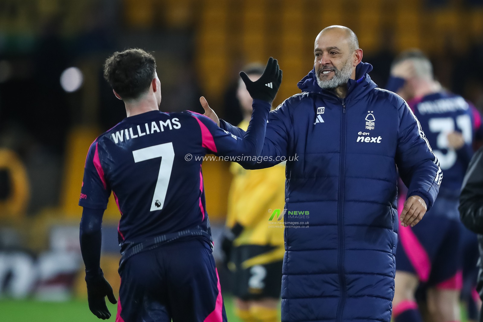 Nuno EspÃ­rito Santo Manager of Nottingham Forest shakes hands with Neco Williams after the Premier League match Wolverhampton Wanderers vs Nottingham Forest at Molineux, Wolverhampton, United Kingdom, 6th January 2025

(Photo by Gareth Evans/News Images)