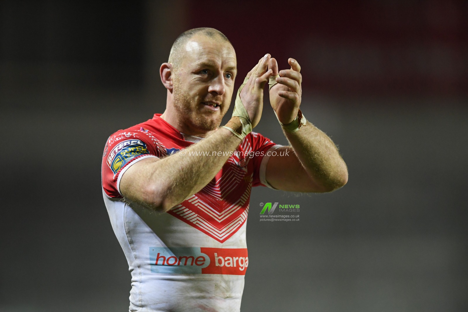 James Roby #9 of St Helens applauds the home supporters at the end of the game after his side beat Warrington Wolves 28-2