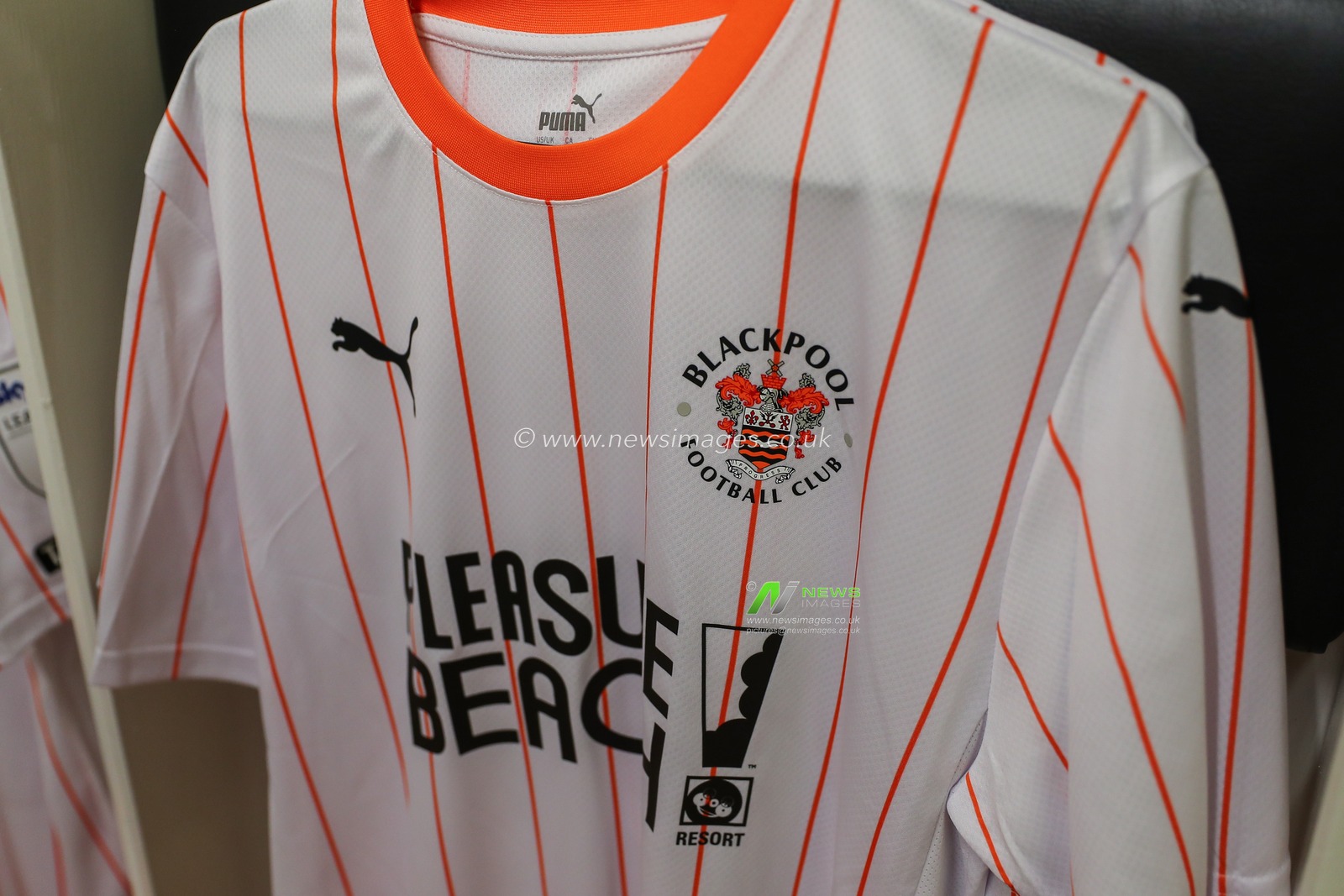 The third shirt of Blackpool hanging in the changing room ahead of the Carabao Cup match Burton Albion vs Blackpool at Pirelli Stadium, Burton upon Trent, United Kingdom, 13th August 2024

(Photo by Gareth Evans/News Images)