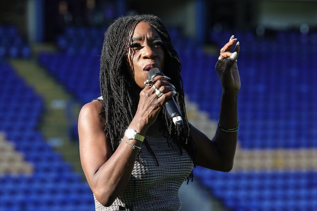 Heather Small sings during the pre event practice during the Betfred Super League round 9 match Warrington Wolves vs Wigan Warriors at The Halliwell Jones Stadium, Warrington, United Kingdom on 24 April 2026

(Photo by Mark Cosgrove/News Images)