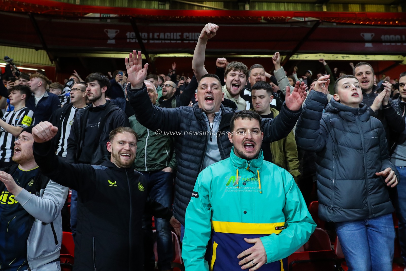 Newcastle United fans celebrate their teams win after the Premier League match Nottingham Forest vs Newcastle United at City Ground, Nottingham, United Kingdom, 10th February 2024

(Photo by Gareth Evans/News Images)