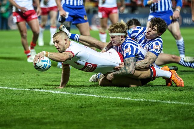 Mikey Lewis of Hull KR goes over for a try making the score 8-0 during the Betfred Super League round 6 match Hull KR vs St Helens at Sewell Group Craven Park, Hull, United Kingdom on 27 March 2026

(Photo by Alfie Cosgrove/News Images)