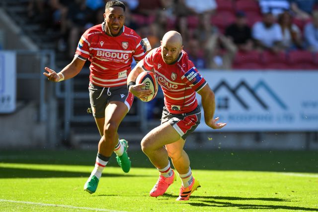 Dan Robson of Gloucester Rugby crosses the try line for Gloucester’s first try during the Prem Rugby Cup match Bristol Bears vs Gloucester at Ashton Gate, Bristol, United Kingdom on 05 September 2026

(Photo by Alex Williamson/News Images)