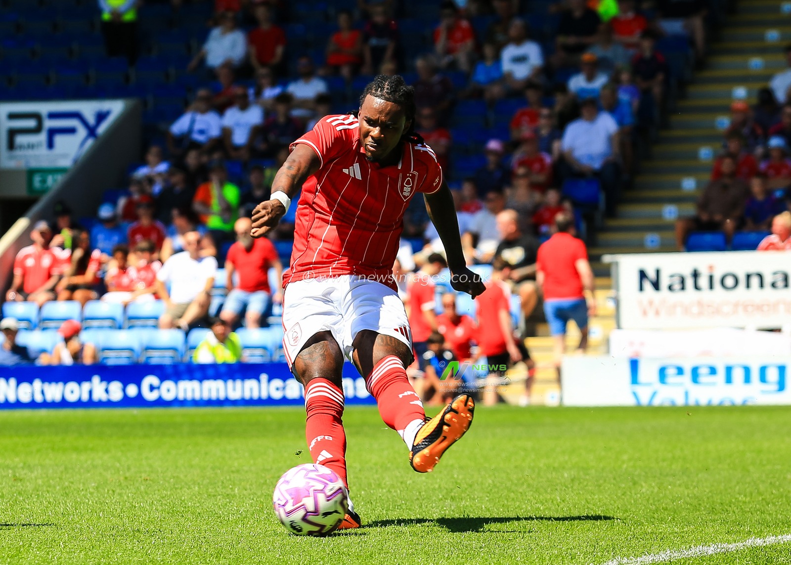 Omar Richards of Nottingham Forest clears the ball up field during the Pre-season friendly match Chesterfield vs Nottingham Forest at SMH Group Stadiumact Stadium, Chesterfield, United Kingdom, 12th July 2025

(Photo by Richard Bierton/News Images)