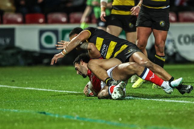 Tyrone May of Hull KR goes over for a try making it 0-4 during the Betfred Super League Round 1 match York Knights vs Hull KR at LNER Community Stadium, Lincoln, United Kingdom on 12 February 2026

(Photo by Alfie Cosgrove/News Images)